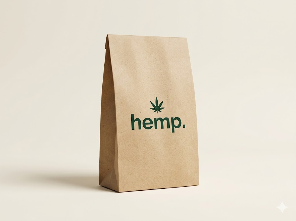 Hemp paper bag with one-color custom logo printing in forest ink
