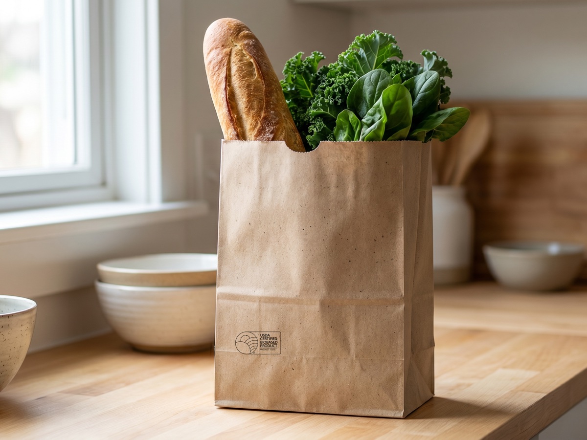 Natural kraft hemp paper grocery sack with a USDA Certified Biobased stamp holding a baguette and fresh greens on a kitchen counter