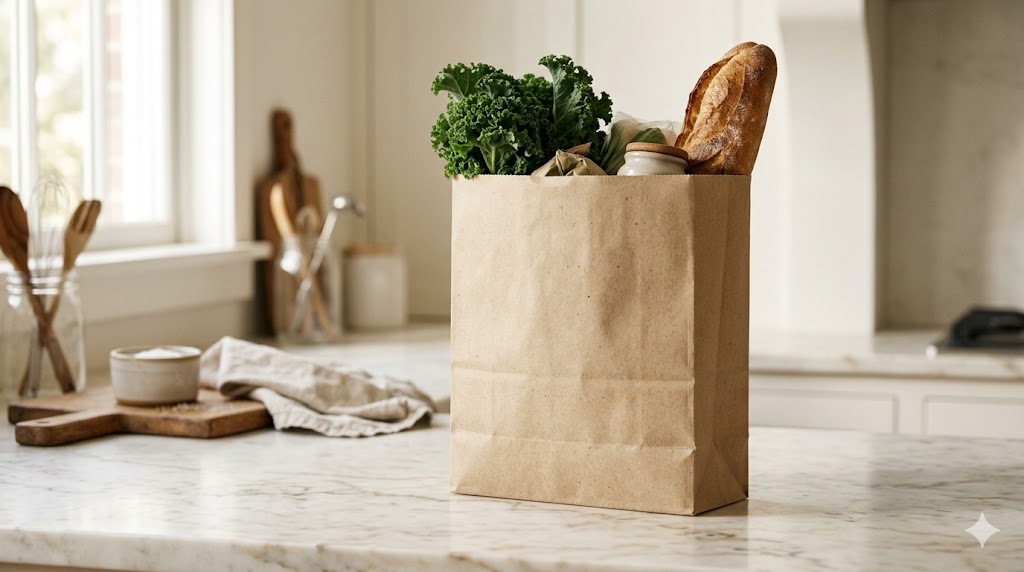 Hemp paper bag holding a fresh baguette and kale on a marble kitchen counter in soft morning light