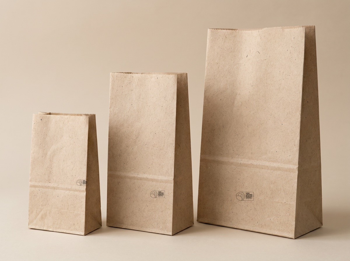 Three natural kraft hemp paper SOS sacks with no handles in small, medium, and large sizes, each stamped USDA Certified Biobased in the bottom corner
