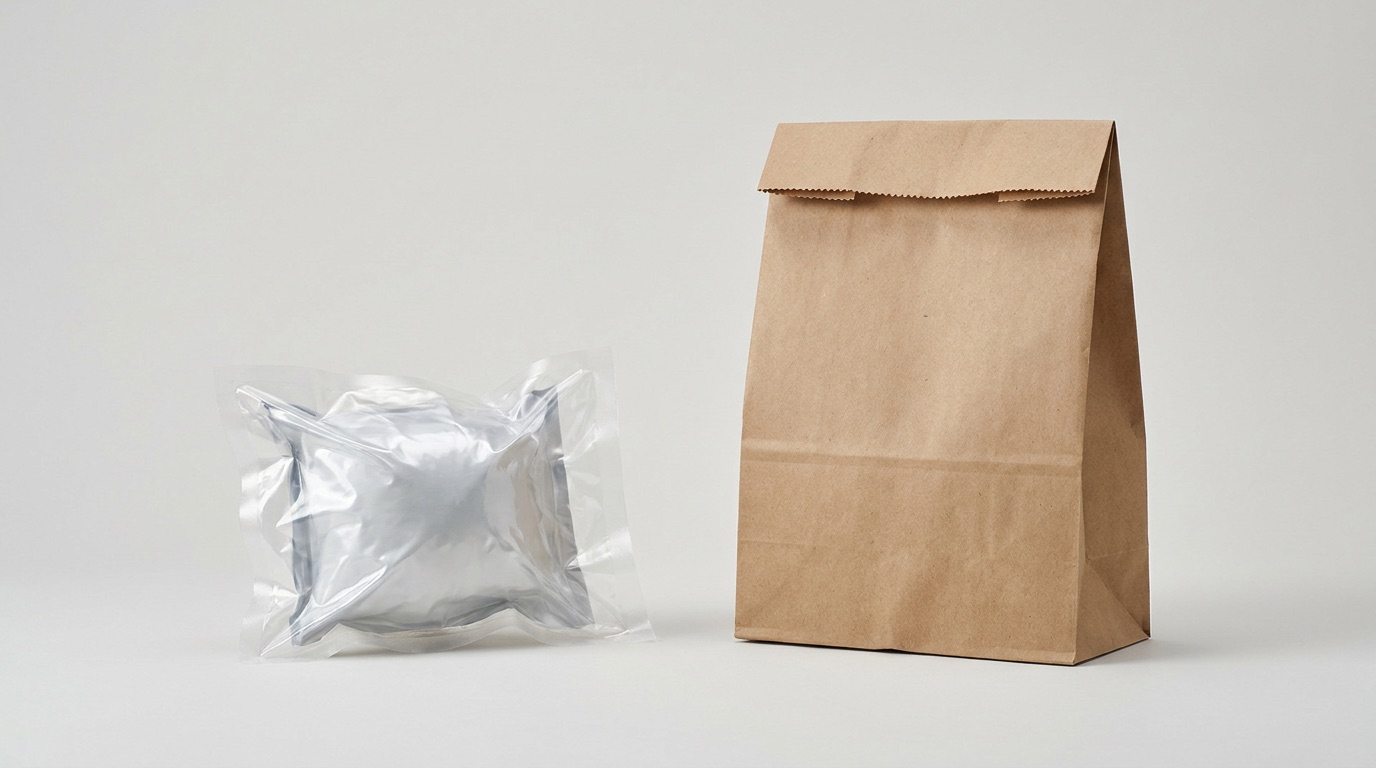 Hemp paper packaging beside conventional branded packaging, illustrating the difference between real material change and greenwashing claims