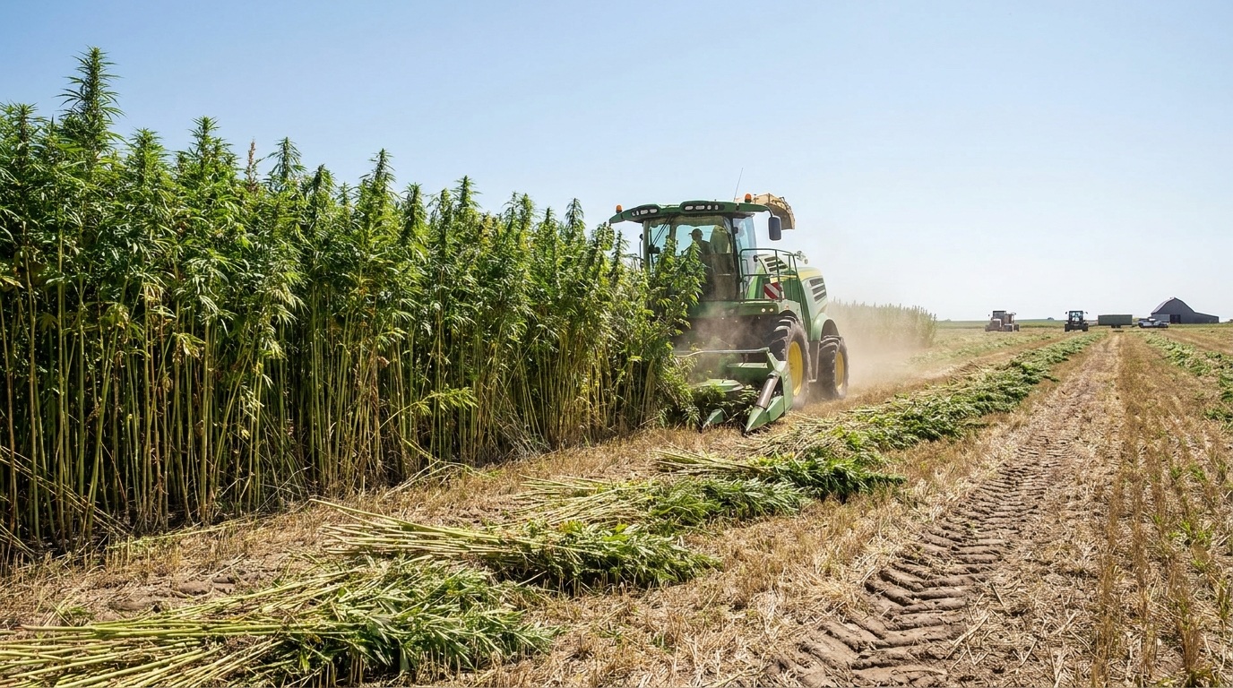 A harvester cutting a tall field of industrial fiber hemp, with windrows of freshly cut stalks lying across the stubble
