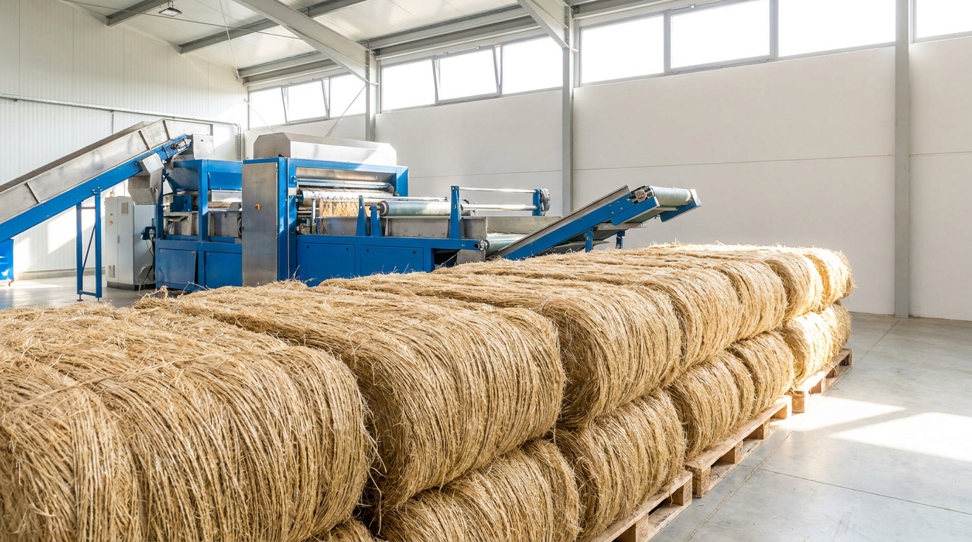 Stacked bales of golden hemp bast fiber in a bright modern processing facility with a decortication line behind them