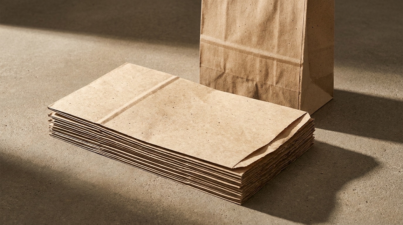 A neat stack of natural hemp paper bags on a concrete surface in warm directional light, the paper flecked with hemp fiber