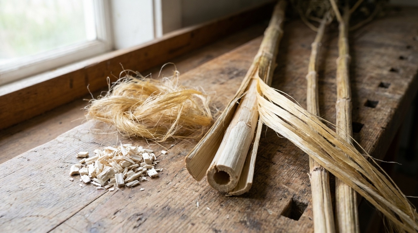 Split hemp stalk showing the long outer bast fiber peeling away from the woody inner hurd core, the two fractions used to make hemp paper