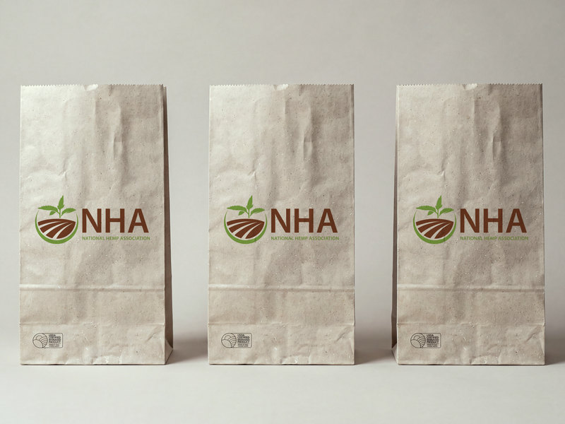 Three kraft hemp paper bags printed with the National Hemp Association logo. Product visualization, AI-assisted.
