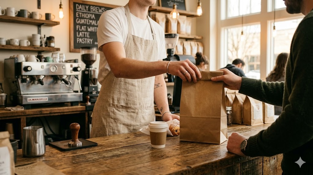 Coffee shop barista handing a customer a hemp paper bag