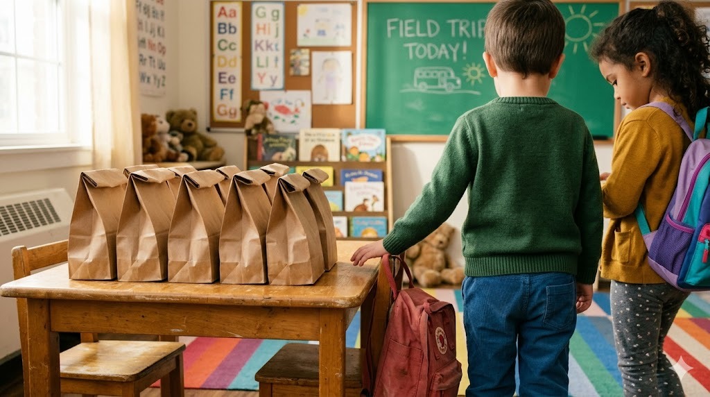 Kids in a classroom packing hemp paper bags for a field trip