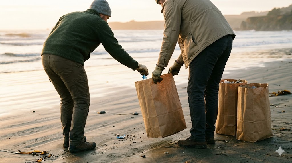 Volunteers collecting trash off the beach into hemp paper bags