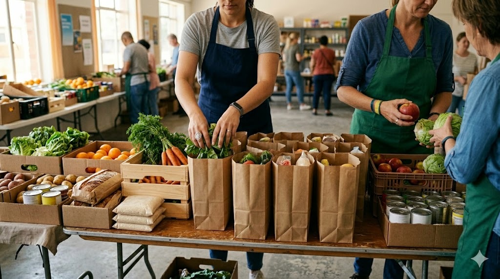 Volunteers packing groceries into hemp paper bags at a food bank