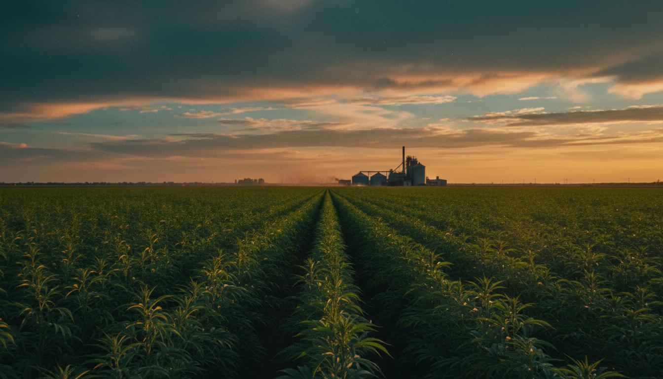 American hemp field at sunset with paper mill on the horizon — where ZERO TREE hemp paper is grown and made