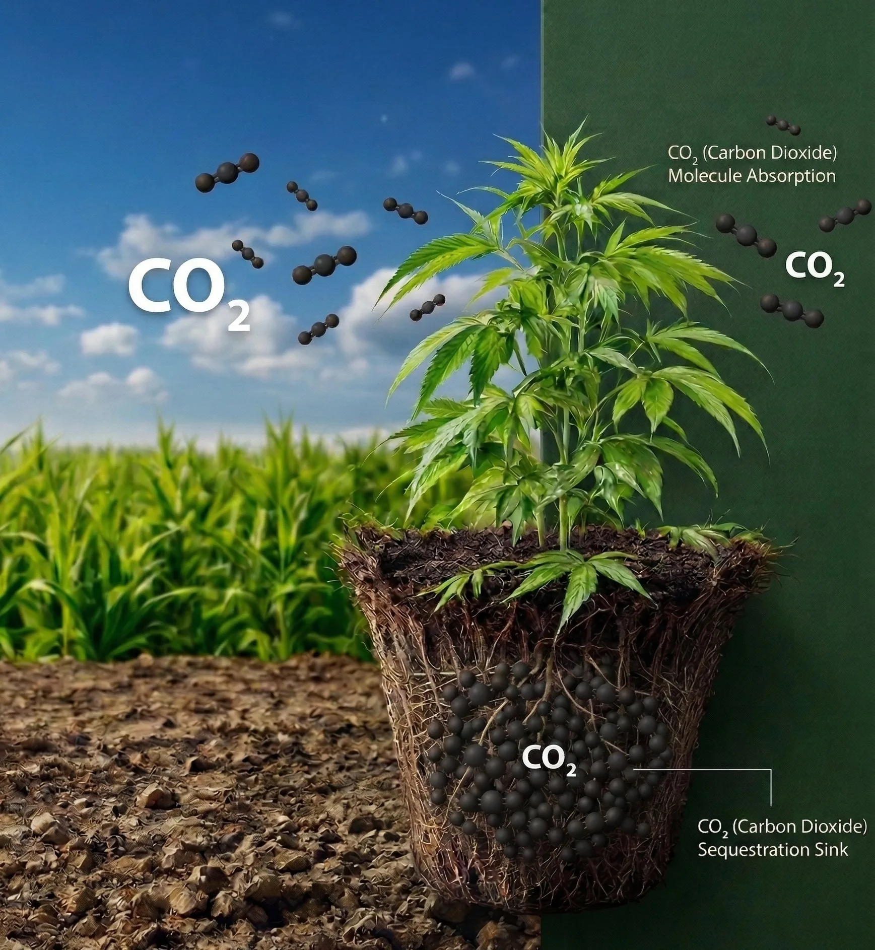 Hemp plant absorbing CO2 carbon dioxide from the atmosphere and sequestering it in the soil — carbon negative packaging