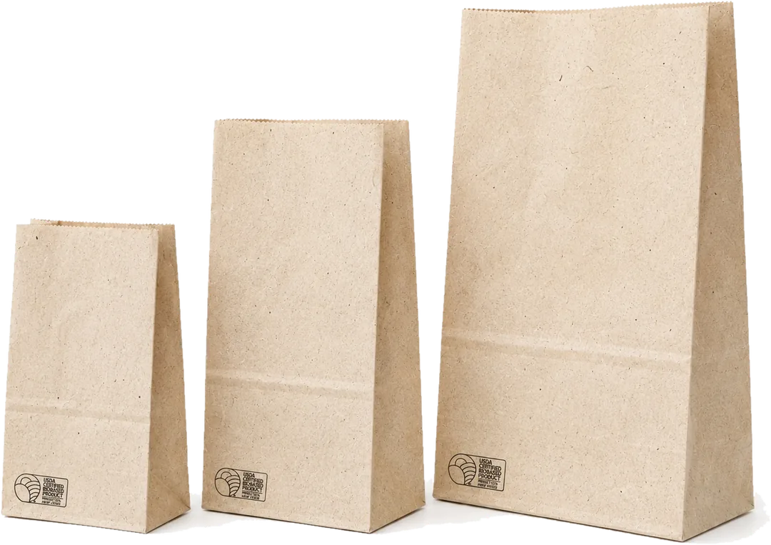 Three natural kraft hemp paper SOS bags in small, medium, and large sizes, each USDA Certified Biobased