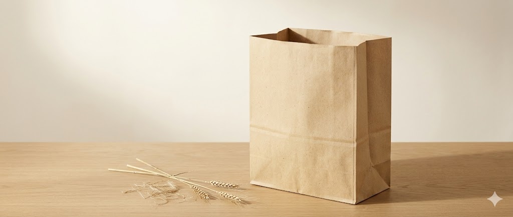 Plain natural kraft hemp paper SOS grocery sack with raw hemp stalks on a soft cream backdrop