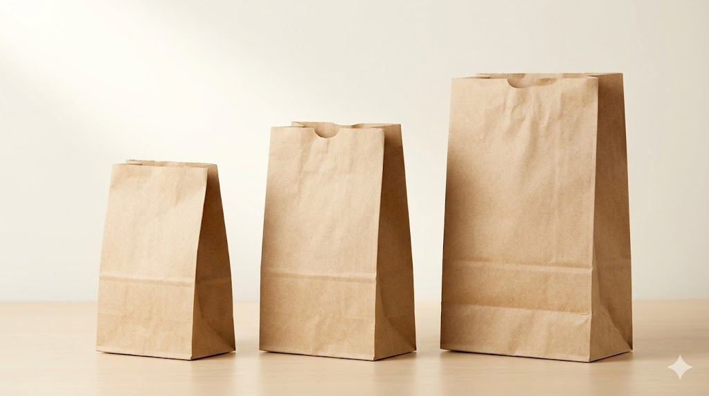 Plain natural kraft hemp paper grocery bags in three sizes - small, medium, and large SOS sacks
