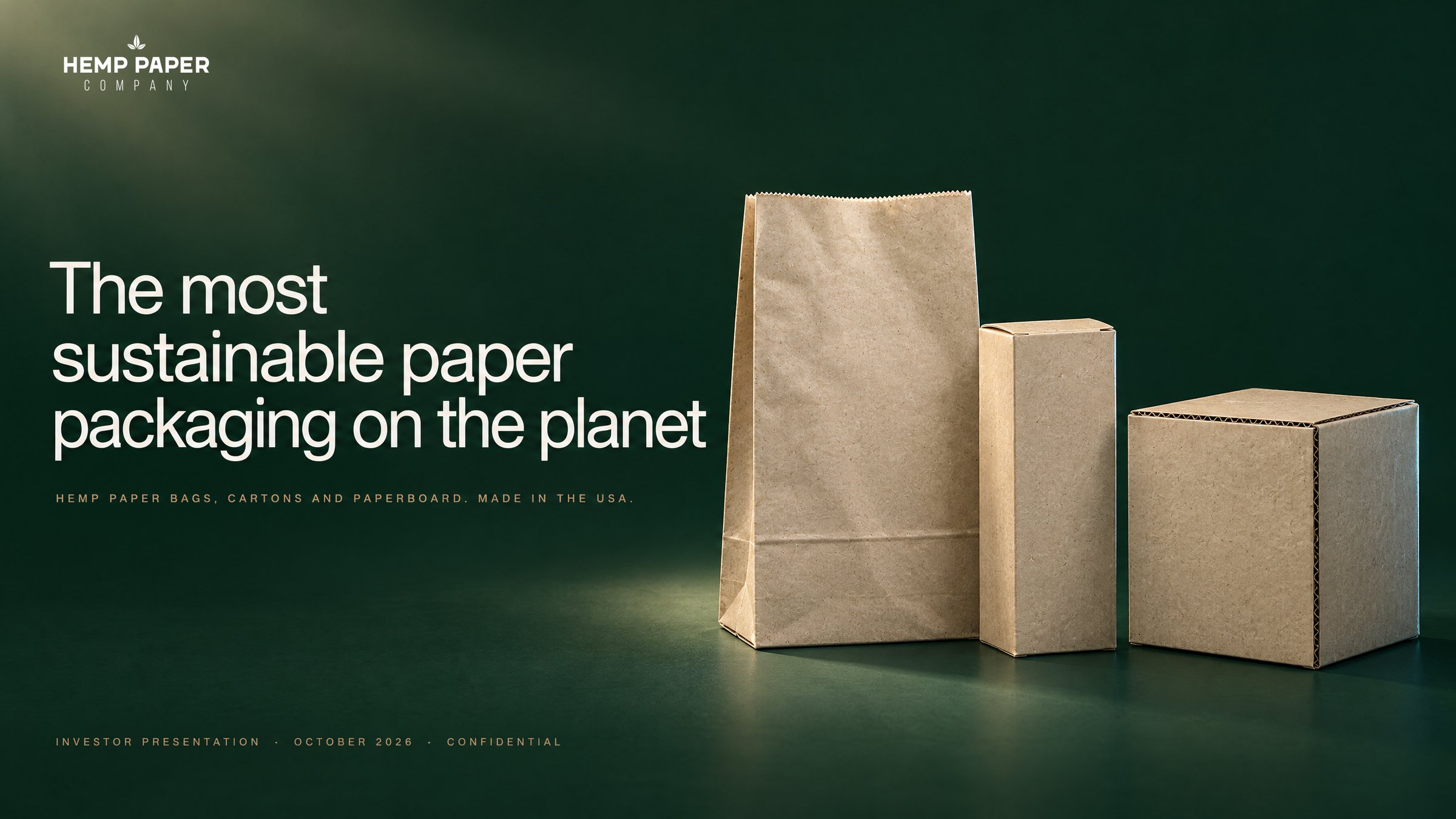 Cover: The most sustainable paper packaging on the planet. Hemp paper bags, cartons and paperboard. Made in the USA. One bag, one carton and one corrugated box in hemp paper.