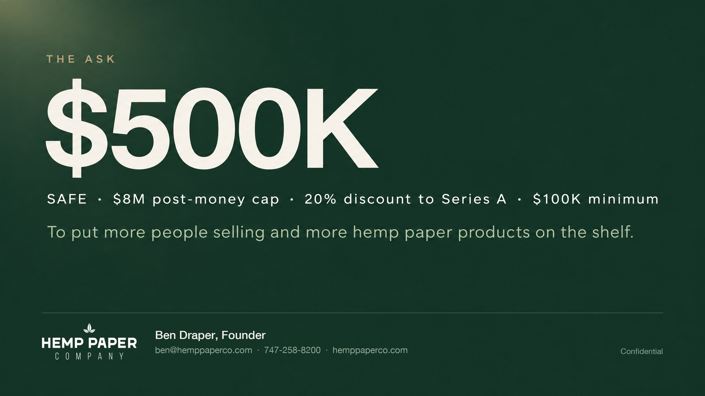 The ask: $500K SAFE, $8M post-money cap, 20% discount to Series A, $100K minimum. Ben Draper, Founder.