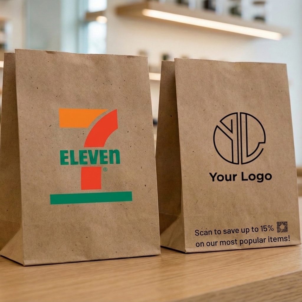 Two hemp paper grocery bags on a store counter: one printed with a convenience store logo, one printed with a sponsor placeholder logo, a scan-to-save offer and a QR code