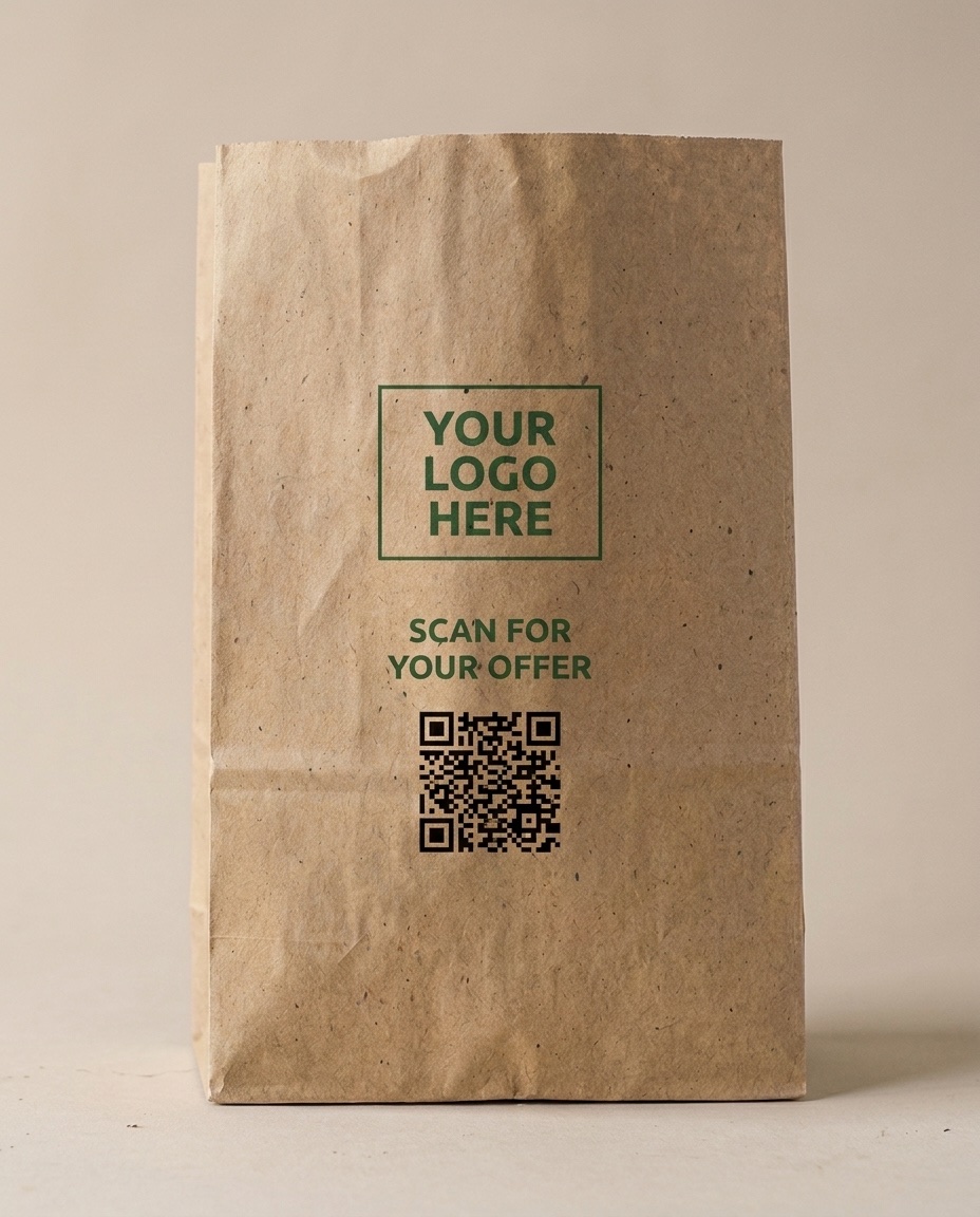 Hemp paper grocery bag on a plain studio background, its warm tan paper flecked with tiny dark specks of hemp fiber