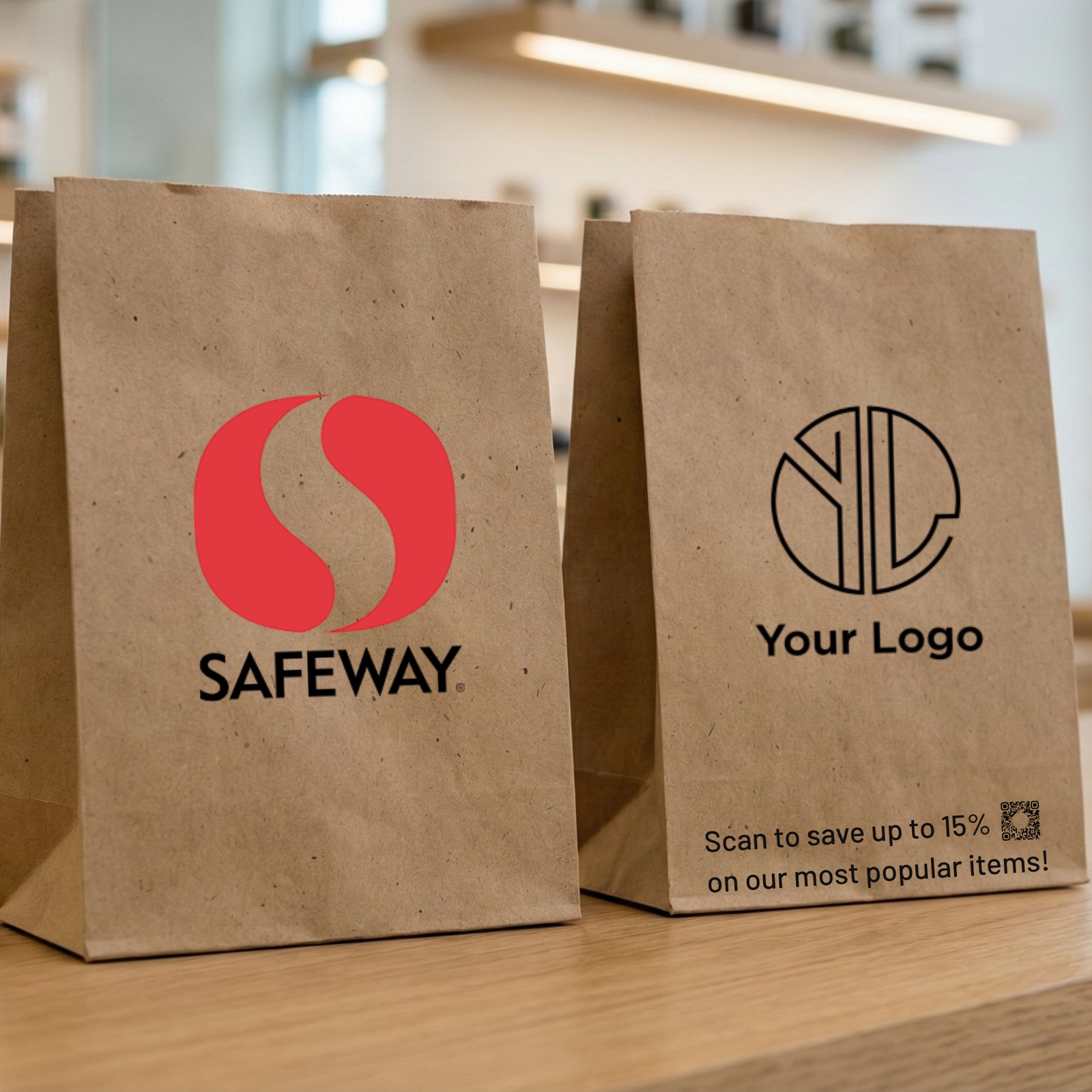 Two hemp paper grocery bags on a store counter: one printed with a retailer logo, one printed with a sponsor placeholder logo, a scan-to-save offer and a QR code